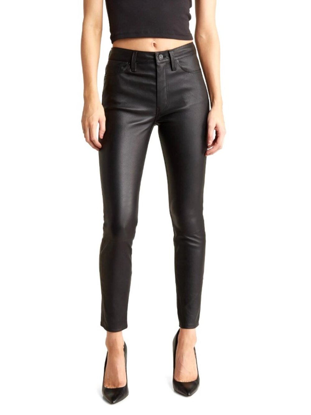Hudson Women's Barbara High Rise Skinny Ankle Leather Pants Black Size 30